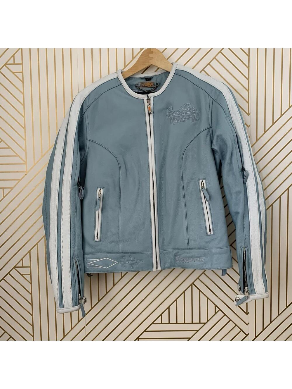 Power trip Rascal Flats Here’s to you baby blue leather moto jacket Striped  M